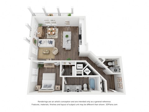 Floor plan for 1 bed, 1.5 baths, 888 sqft